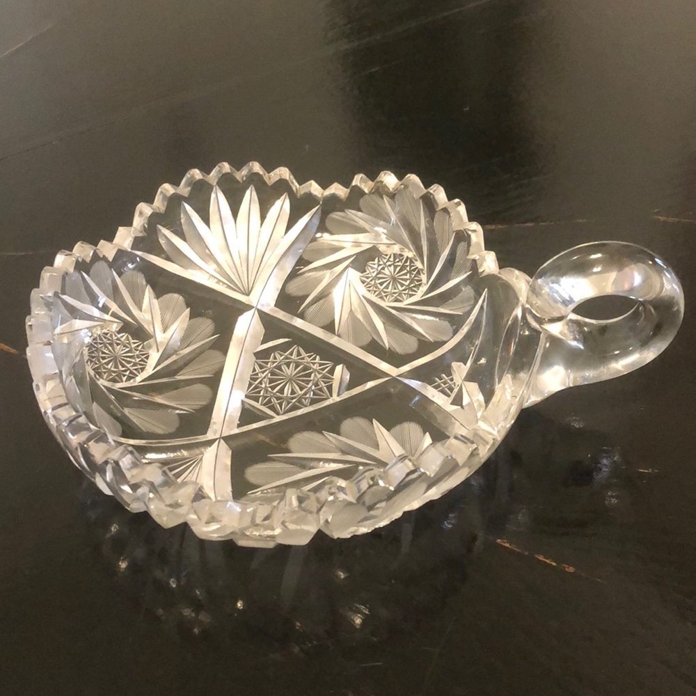 American Vintage Cut Glass Nappy Dish Candy Dish Sawtooth Edge with Handle